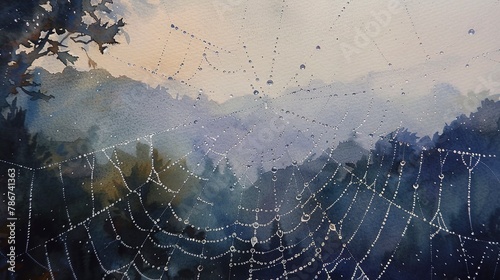 Watercolor, Dew drops on spider web, close up, misty mountain backdrop, dawn light 