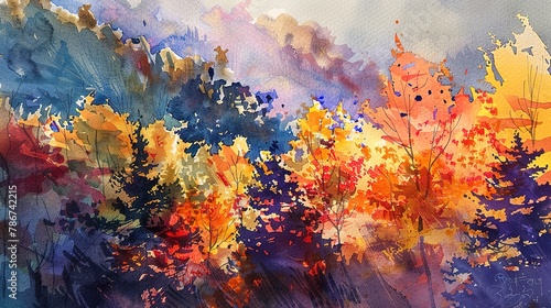 Watercolor, Sunset light on mountain, close up, autumn trees ablaze with color 