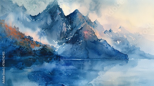 Watercolor, Morning mist around peak, close up, reflection in dewdrop, tranquility 