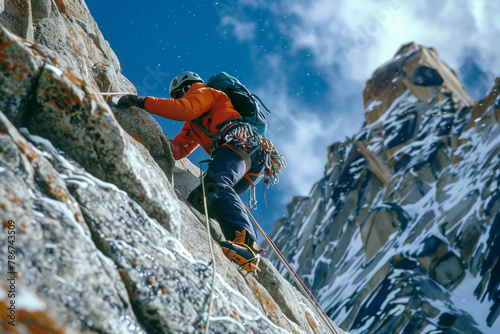 Mountain Climbing copy-space, scaling vertical cliffs, showcasing the daring spirit of mountaineering, risk, and adventure