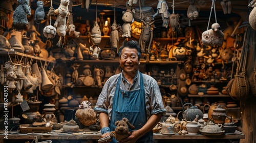 A puppet maker in a magical workshop, surrounded by whimsical, hand-carved puppets hanging from the ceiling.