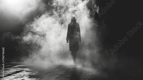 Amidst swirling tendrils of smoke, the silhouette of a lone figure emerges, their form defined by the ethereal haze.