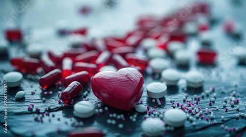 Concept of medicine healthcare and pharmacy heart shaped pills and drugs with heart rhythms