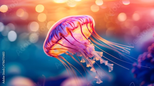 A vibrant jellyfish swimming underwater with a colorful, bokeh light background.