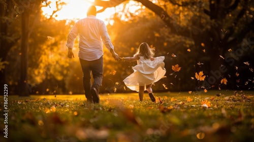 A playful chase in a meadow, with the father and daughters kicking up leaves in a dance of joy, the setting sun casting a warm glow that mirrors the warmth of their connection.