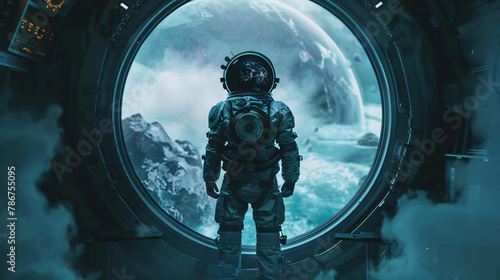 Spaceman in a spacesuit stands in front