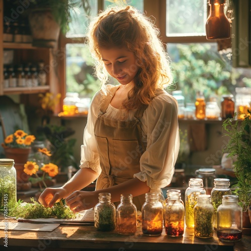 In a sunlit rustic setting, a female herbalist sorts through dry herbs for preparations