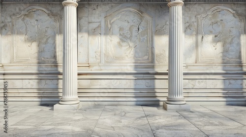 White vintage pillar wall with grey granite floor outdoor.