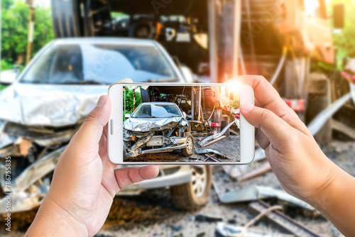 driver check for damage after a car accident before taking pictures and sending insurance. Online car accident insurance claim after submitting photos and evidence to an insurance.