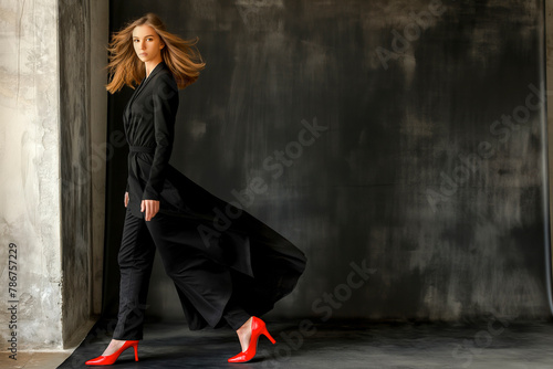 Blonde model wearing a black dress and red-shoes. Dark backdrop. Fashion shoot. Artistic