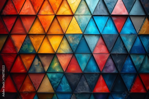 The image displays a wall covered in triangular panels with a rainbow-colored gradient