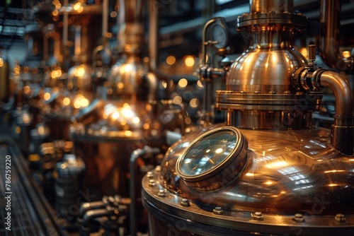 Warmly lit interior of a brewery with copper distillery stills showcasing craftsmanship and the beverage production process