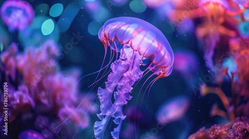 Moon jellyfish swimming in aquarium illuminated with colorful light