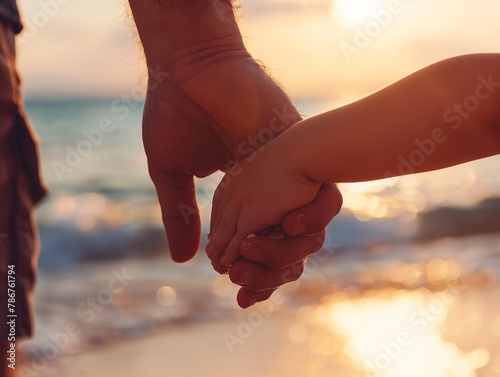 Father's hand lead his child son in summer beach nature outdoors, trust family concept