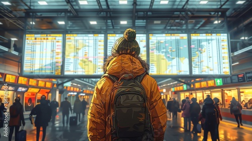 An image of a cartoon tourist checking a giant, colorful map in the middle of a busy airport terminal