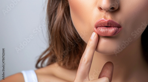 Close-Up of Woman's Finger on Mouth: Silence, Secret Concept 