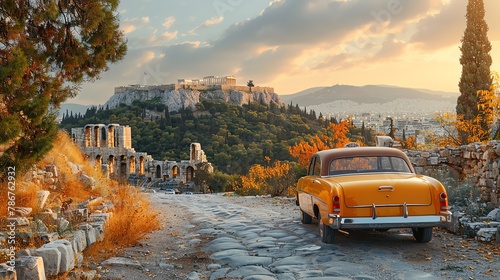 An image of a taxi passing by the ancient ruins in Athens, blending modern with historical