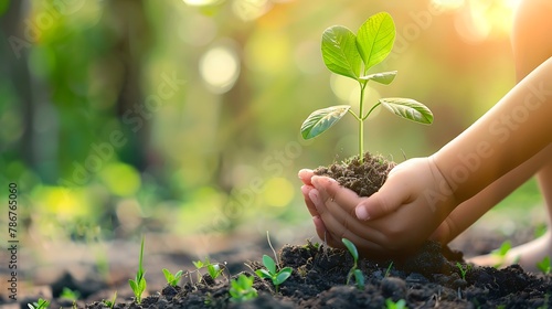 Hands child holding young plants on the back soil in the nature park of growth of plant for reduce global warming. Ecology concept 