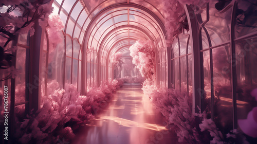 gloomy white tunnel with pink flowers and leaves, mirror rooms, saturated pigment pools, precise, detailed architecture paintings