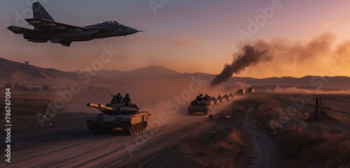 Under the fading light of the sunset, an army jet accompanies a tank convoy on a dusty road, their formidable presence juxtaposed against tranquil evening sky. A plume of smoke rises in the distance