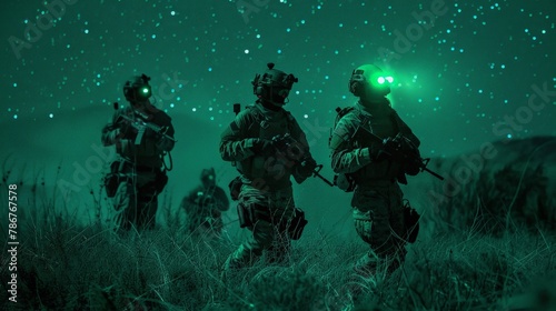 A stealthy night operation by modern special forces, equipped with night vision goggles and moving silently through a hostile environment, illustrating the precision