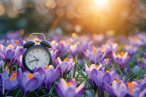 spring forward concept with alarm clock and blooming crocuses