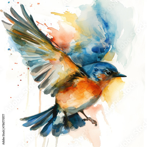 Watercolor Eastern Bluebird in Flight
