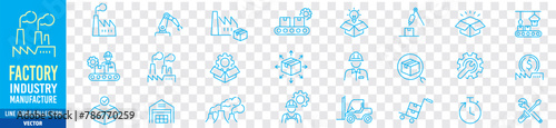 Factory icon set. Industry factory mass production manufacture machine fabrication goods editable stroke line vector icons collection.
