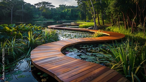 Lakeside nature walk way. A photograph showing the beautiful curving wooden board walkway in a tropical nature park 