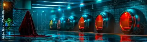 Futuristic pod bathroom, curved lines, and neon lights, spaceage