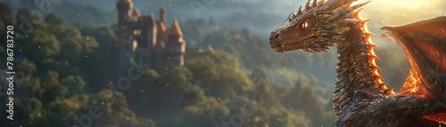 A majestic dragon, scales gleaming in the moonlight, overlooking a medieval castle surrounded by lush green forests Realistic 3D render, backlit with a touch of golden hour lighting
