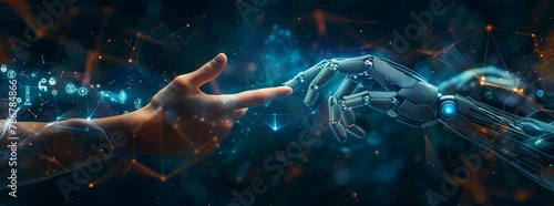 A digital art of hands reaching towards each other, one human and the second robot with holographic data visualization symbolizes connection between humans and artificial intelligence, symbolizing inn