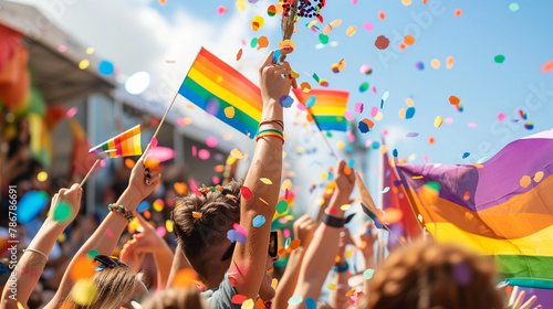 Group of people celebrating the pride month on a pride event, Diverse young friends celebrating gay pride festival - LGBTQ community concept, People With Rainbow Flags Attending a Gay pride. 