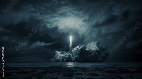 A stark launch of a nuclear missile pierces the dark sky, a powerful image of deterrence and strength
