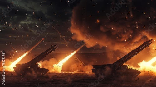 A chilling night scene of missile launchers firing salvos into the dark sky, ominous and powerful