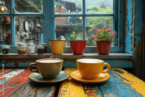 Two coffee cups on a colorful rustic table with a window view to urban life, Cozy Morning and Urban Retreat Style, Relaxation Concept, perfect for lifestyle and culinary magazines