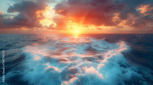 Vivid sunrise over the restless ocean, Dynamic Seascapes Style, Dawn of Creation Concept, Great for Travel Inspiration and Nature Photography, copy space