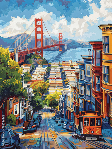 A vibrant portrayal of San Franciscos cityscape featuring the Golden Gate Bridge