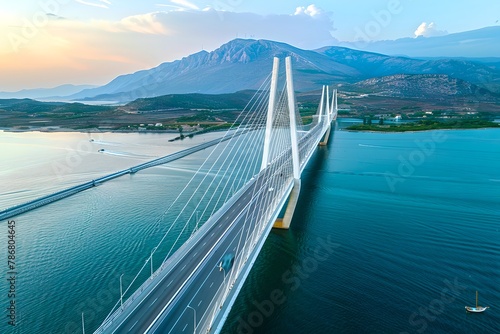 Aerial view of a modern cable-stayed bridge over tranquil waters at sunset. Clear sky and infrastructure. Concept of connection. Generative AI