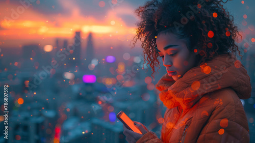 Woman and smartphone against city skyline, symbolizing 5G integration, with light particles heralding a new era in connectivity.generative ai