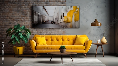 Midcentury modern interior design with yellow sofa and decoration wall 
