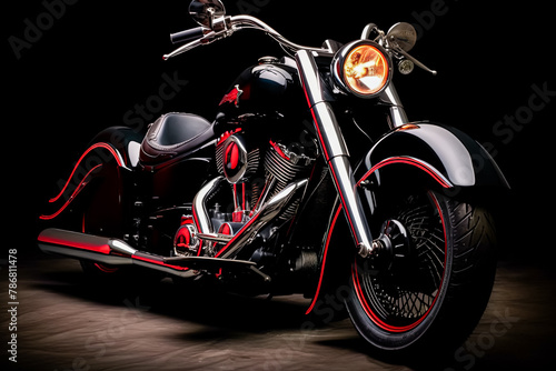 A black motorcycle with red accents is parked in front of a dark background