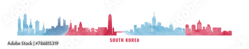 South Korea country skyline with cities panorama, watercolor style. Vector flat banner, logo. Seoul, Busan, Daegu, Daejeon, Incheon silhouette for footer, steamer, header. Isolated graphic
