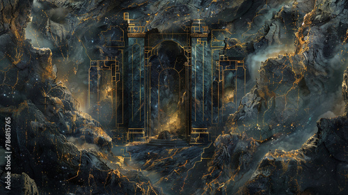 An ancient temple hidden within the depths of a black agate background with golden veins, its walls inscribed with the secrets of AI-driven civilizations past.