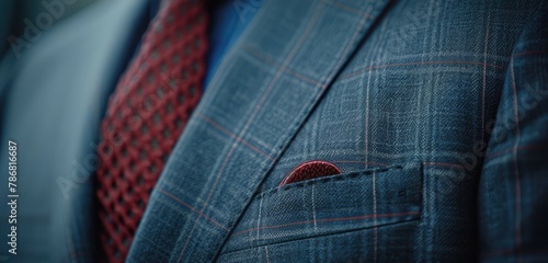Close up of elegant blue suit and red tie