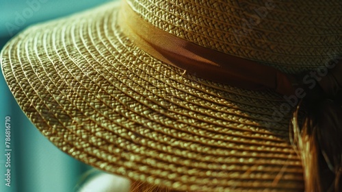 Close up texture of woven straw hat with ribbon