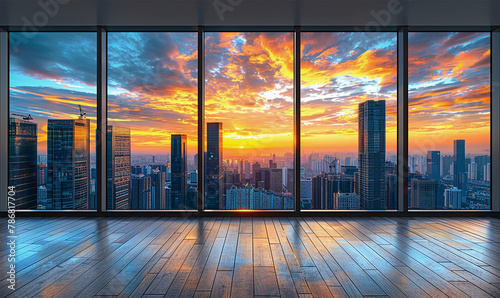 Empty floor bathed in sunset light, overlooking a vibrant cityscape