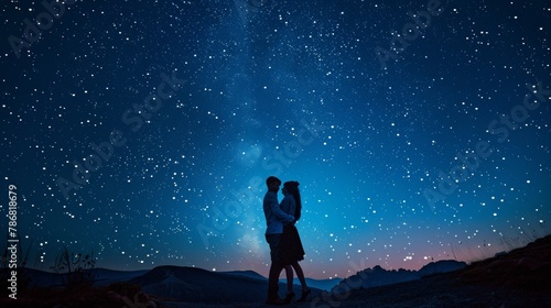 A man and woman are standing together under a clear night sky filled with stars. They appear to be looking up at the sky, possibly enjoying a moment of stargazing or quiet contemplation.
