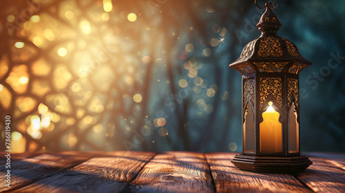 Wooden Table with Arabic Lantern and Background: Ramadan Celebration