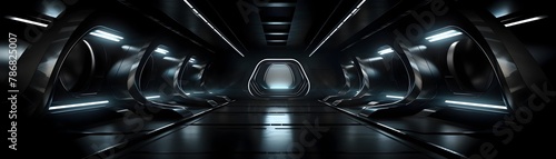 Futuristic Dark Underground Tunnel with Geometric Lighting and Architectural Design